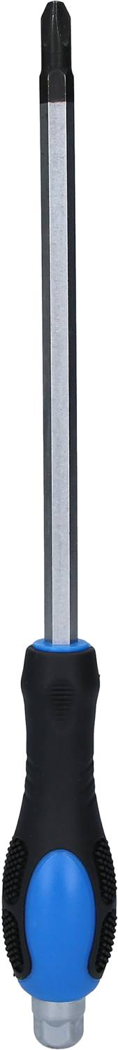 A screwdriver with a navy blue and black handle and silver metal tip, positioned vertically.