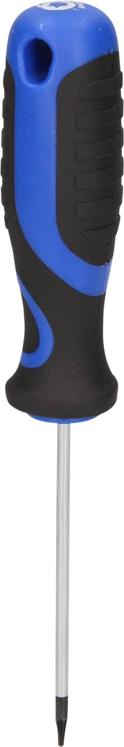 Blue and black screwdriver with an ergonomic handle and a long, narrow metal tip.