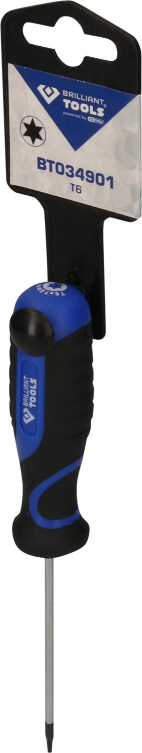 'Phillips screwdriver by Brilliant Tools with ergonomic handle and sharp metal head. Model number: BT034901.'