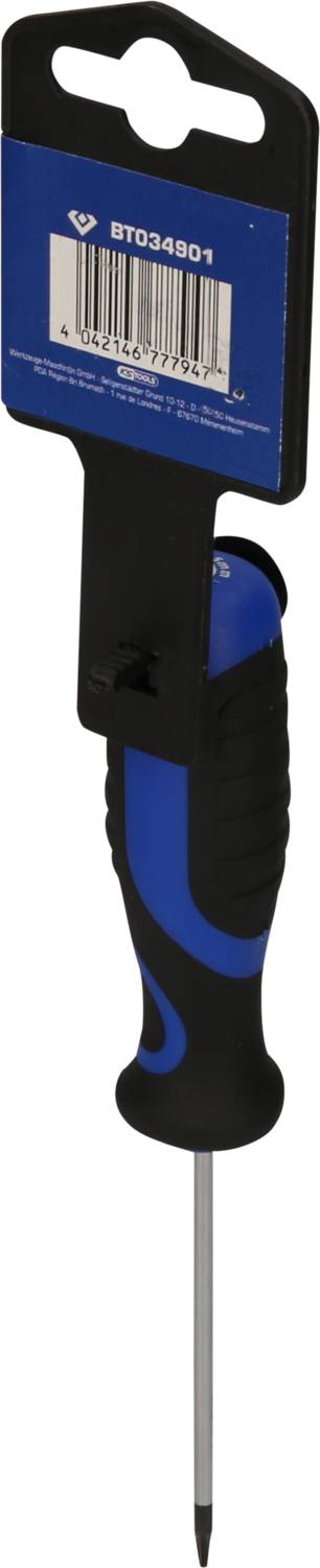 Screwdriver with blue-black handle, packaged in a holder with barcode, suitable for general screw-related tasks.