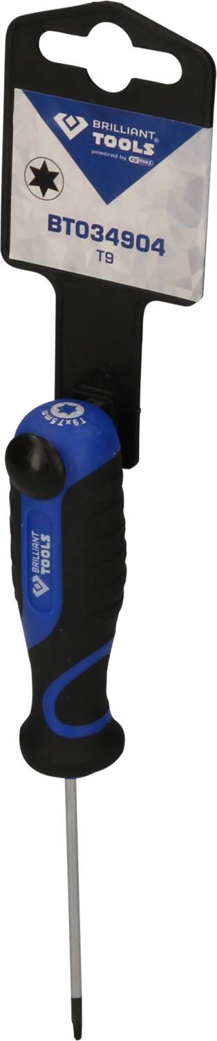 Cross-head screwdriver with blue and black rubber grip, label 'BT034904 T9', suitable for Torx screws.