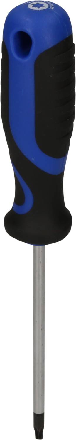A screwdriver with a blue-black handle and a metal shaft.