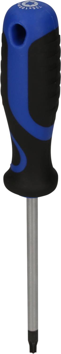 A blue and black screwdriver with an ergonomic handle and metal tip, suitable for cross-head screws.