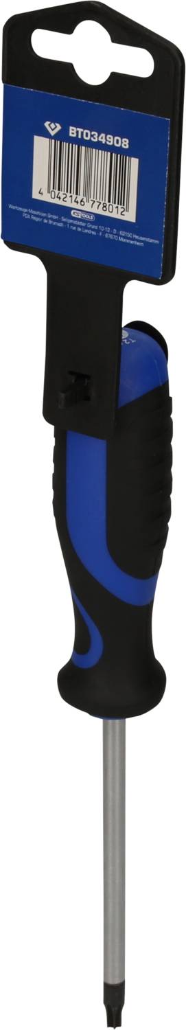 Screwdriver with a blue-black handle and metal tip, in a plastic packaging with a barcode on the back.