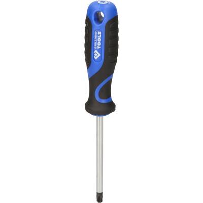 Blue screwdriver with a black handle and metal tip, brand logo depicted on the handle.