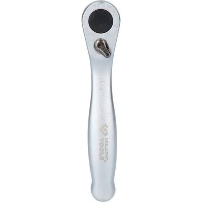 A gleaming, silver ratchet key with a round, black turning knob and a lever for easy operation.