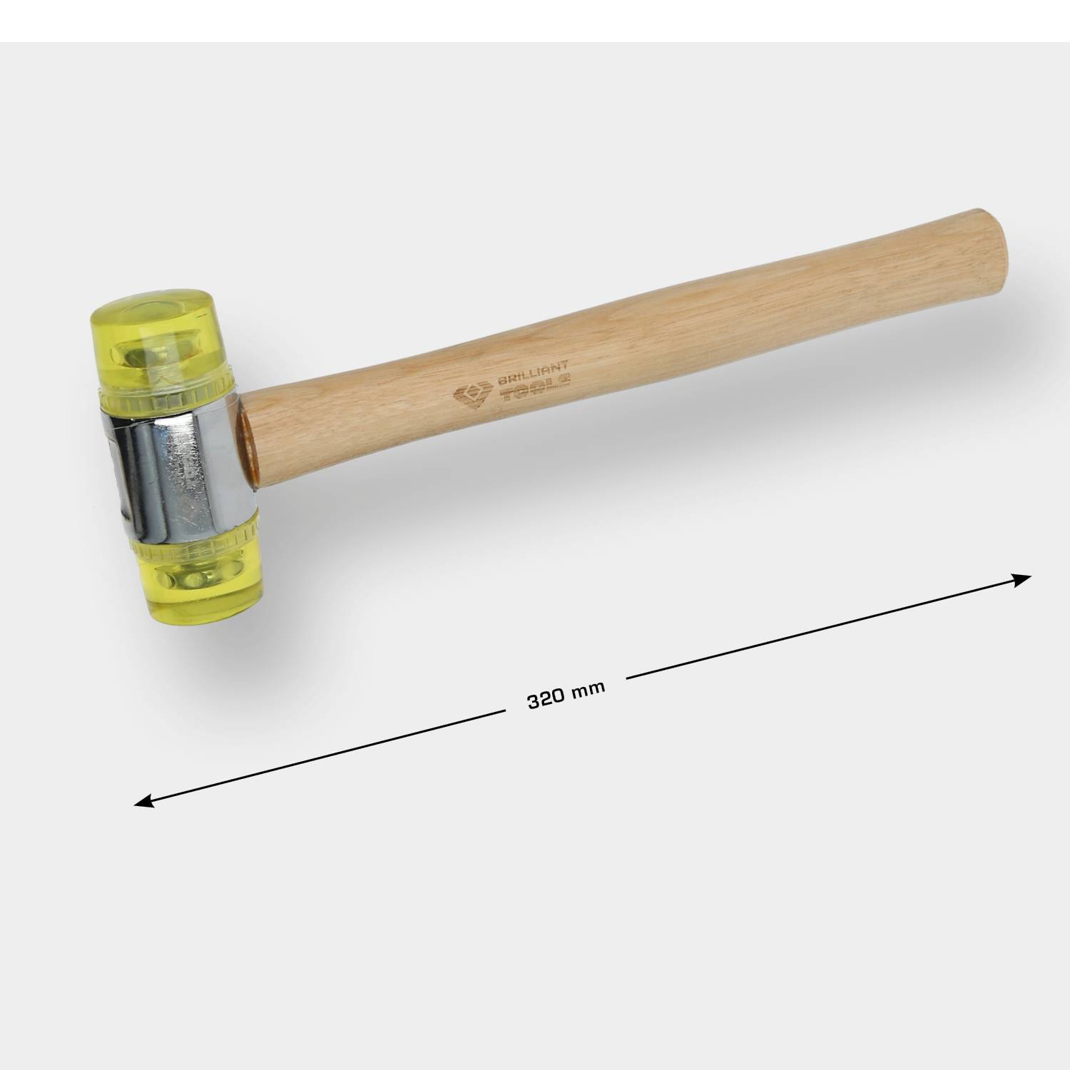 A wooden hammer with a double-sided plastic head. The hammer is 320 mm long.