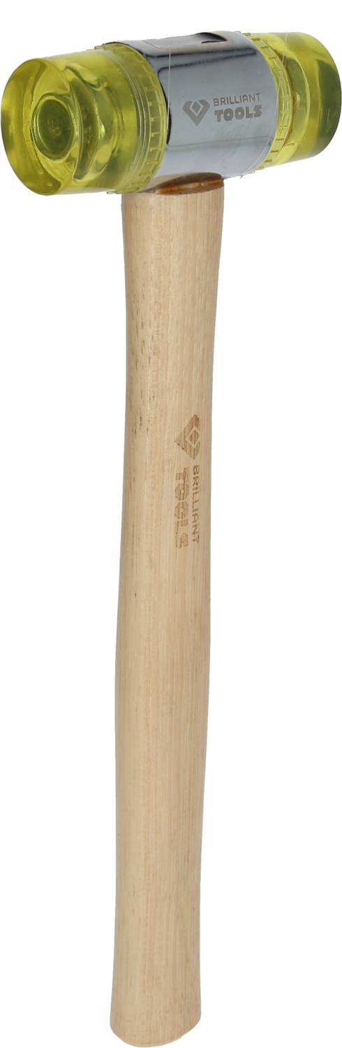 A yellow soft-faced hammer with a wooden handle and a rubber-coated plastic head, suitable for protecting surfaces when hammering.