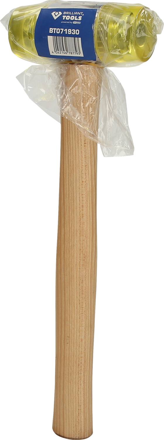 A hammer with a yellow plastic head and a wooden handle. A blue label with the inscription 'BT071930' is attached to the head.