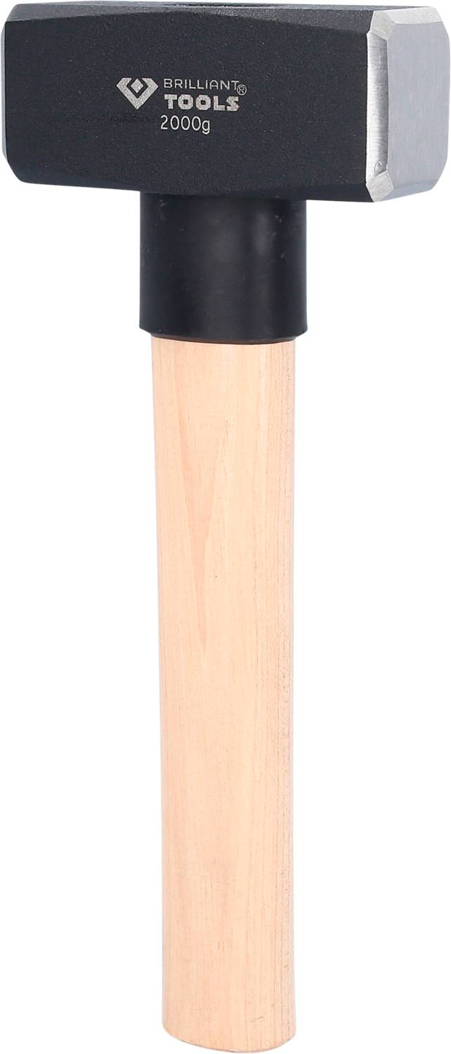 A sledgehammer with a black steel head and a wooden handle. The head is labelled 'Brilliant Tools 2000g'.