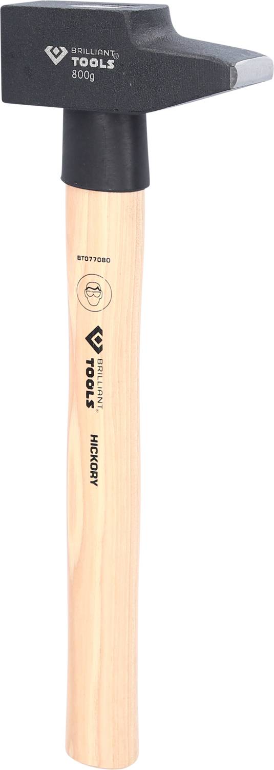 A hammer with a wooden handle and a metal head marked with 'Brilliant Tools 800g'.