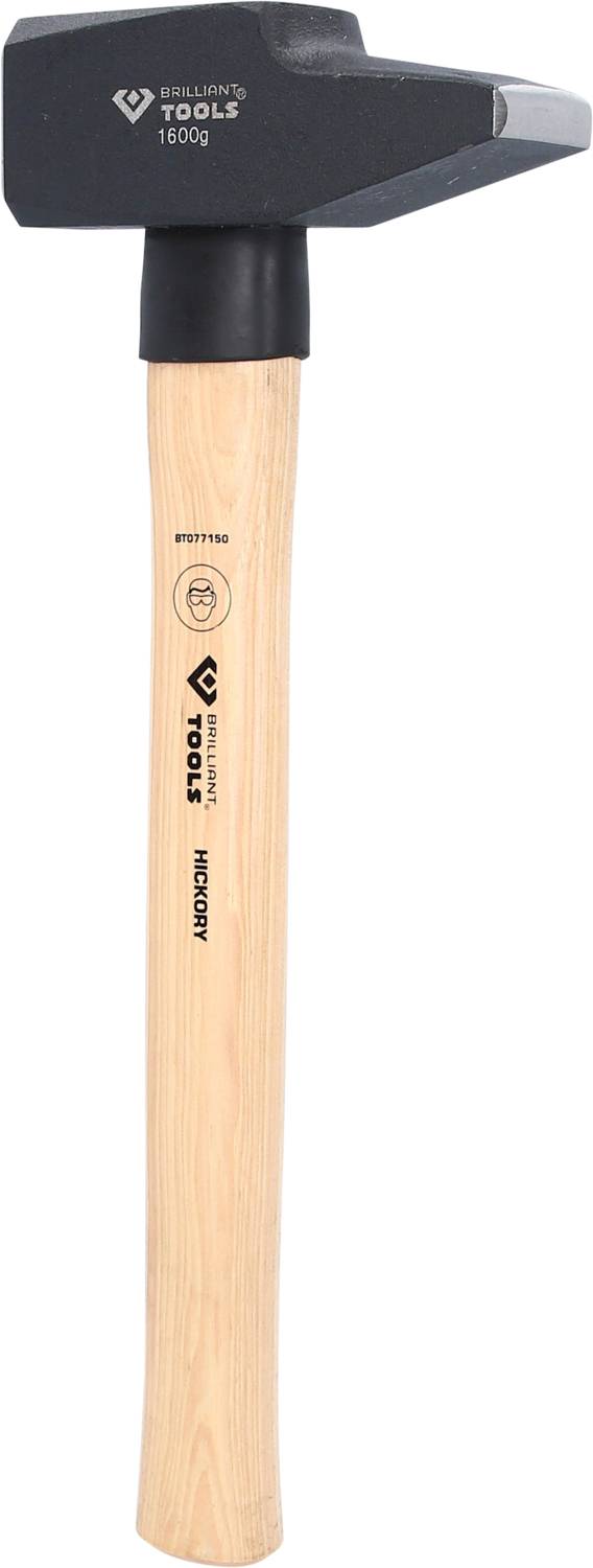 A hammer with a wooden handle and a black, glossy head, marked '1600g', is shown vertically.