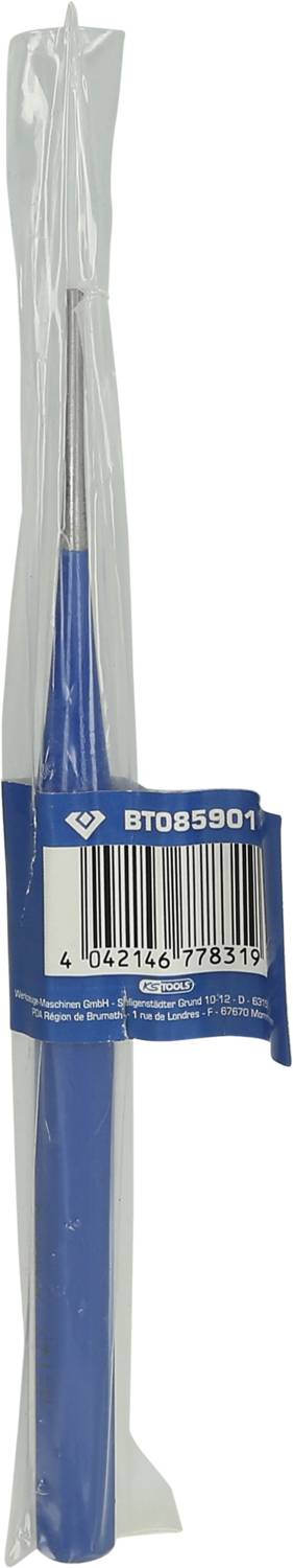 Packaged blue crochet hook set with barcode and product information on the attached label.