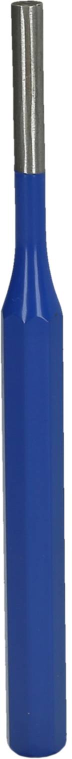 A blue, cylindrical object with a silver neck, reminiscent of a bottle or a flacon.