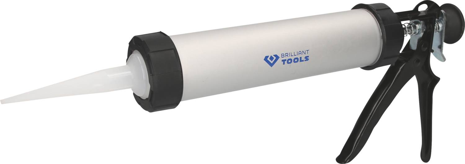 A white cartridge gun with a black handle is shown. It bears the inscription 'Brilliant Tools' in blue.