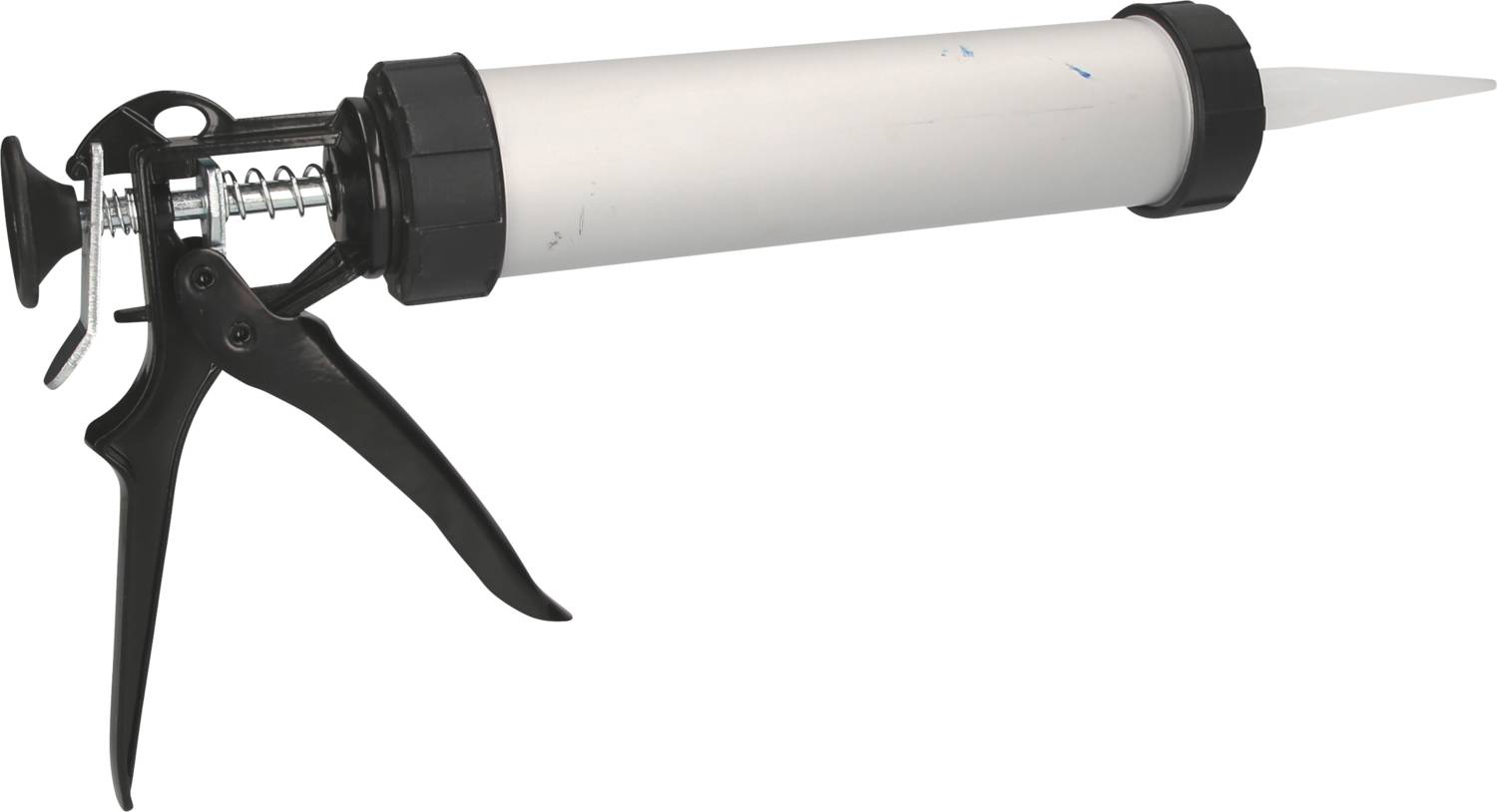 A white cartridge pistol with a black grip and trigger is shown against a neutral background.