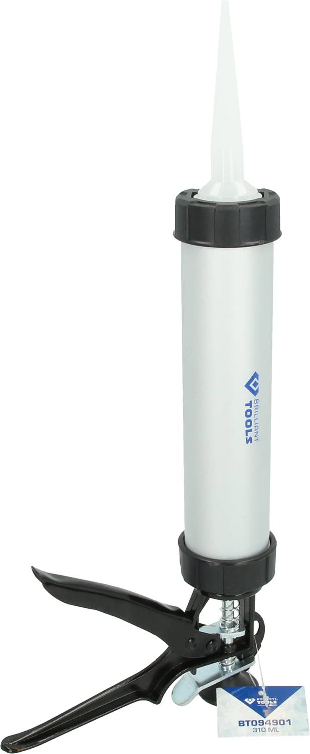 Black-handled sealant gun with white tube body, suitable for dispensing sealants from cartridges.