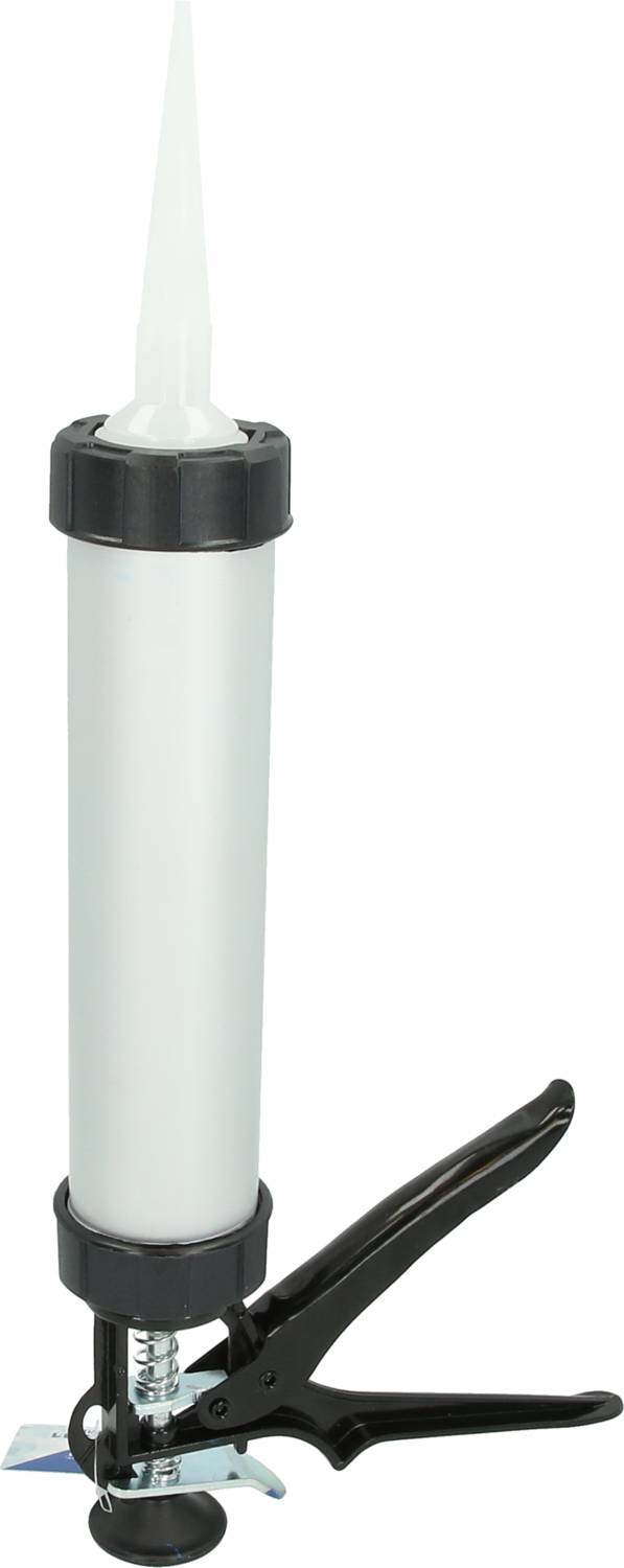 Caulking gun with white cylinder and black handle, ready for use in sealing or adhesive work.