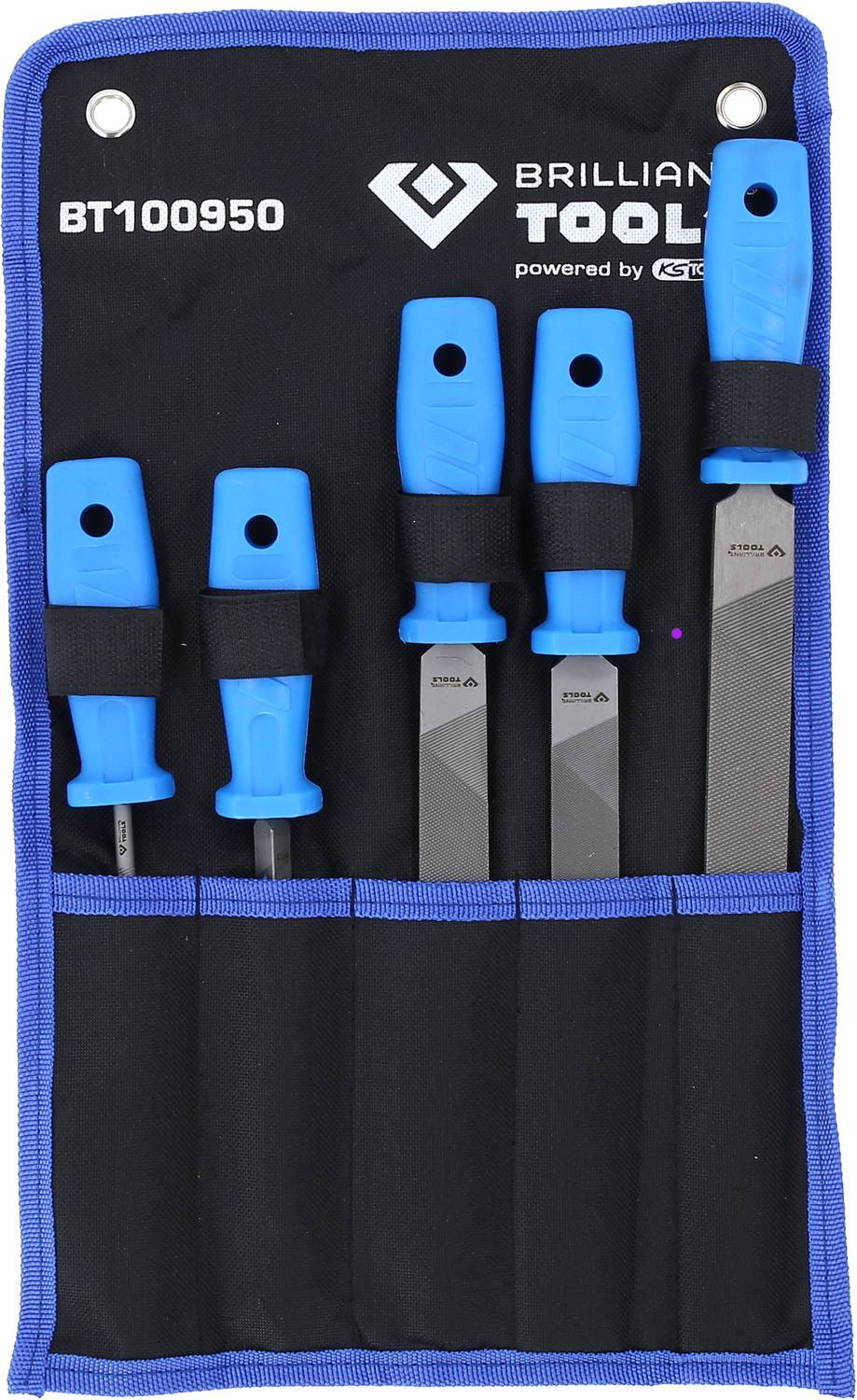 A set of four files with blue handles in a black bag with a blue border, labelled with 'BRILLIANT TOOLS' and 'BT100950'.
