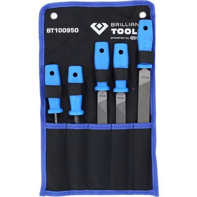 A set of four files with blue handles in a black bag with a blue border, labelled with 'BRILLIANT TOOLS' and 'BT100950'.