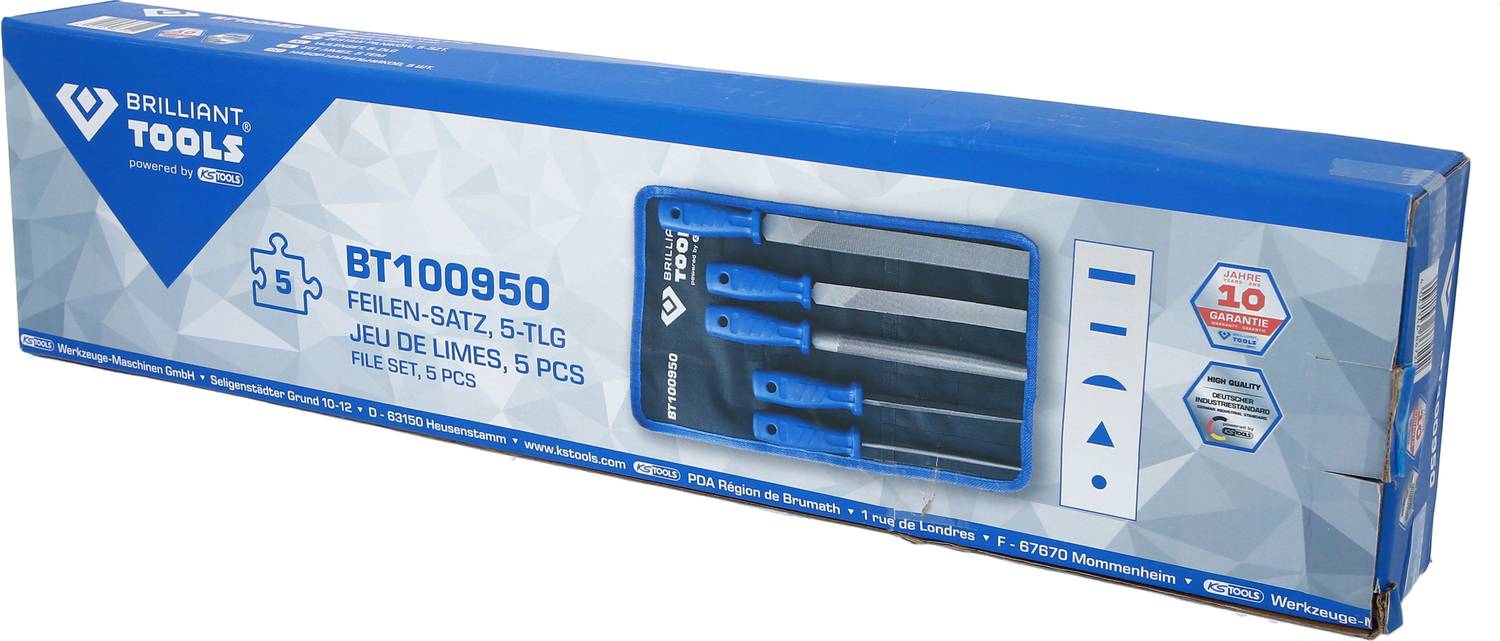 'BT100950 File Set, 5-piece' Packaging by Brilliant Tools with blue files and a guarantee notice without specific details.