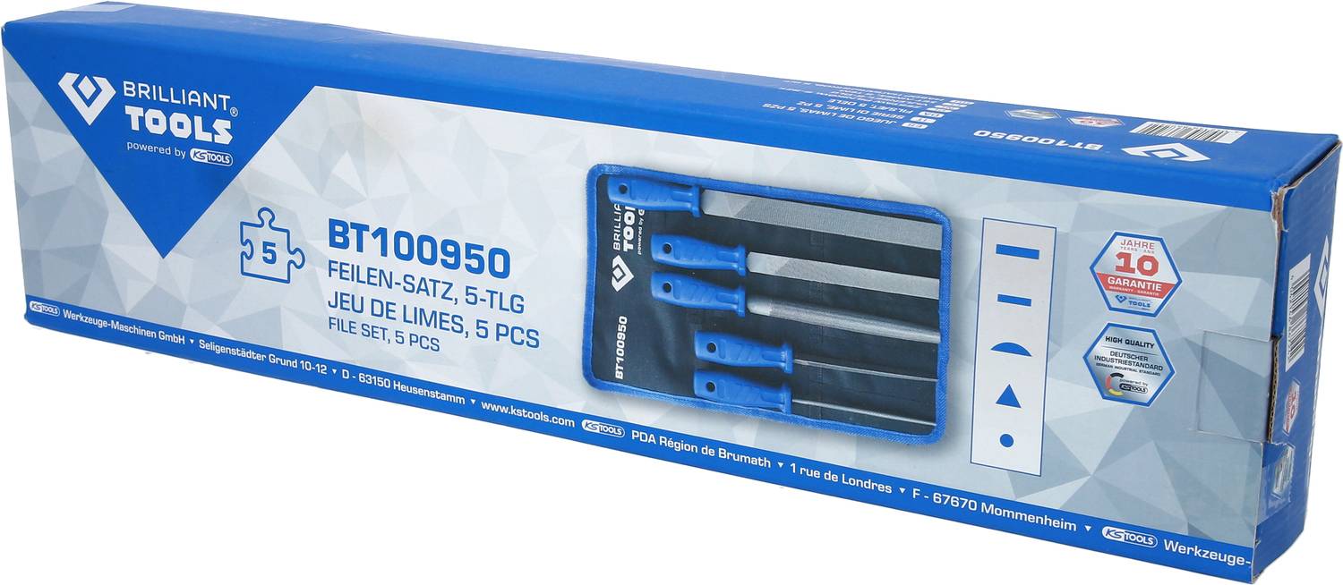 A blue box containing a file set, 5 pieces, by Brilliant Tools, Model BT100950. Packaging displays five files and a warranty logo.