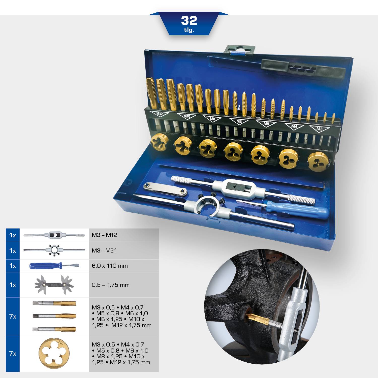 'Tap and die set, 32-piece, with various sizes for thread cutting, in a blue storage case.'