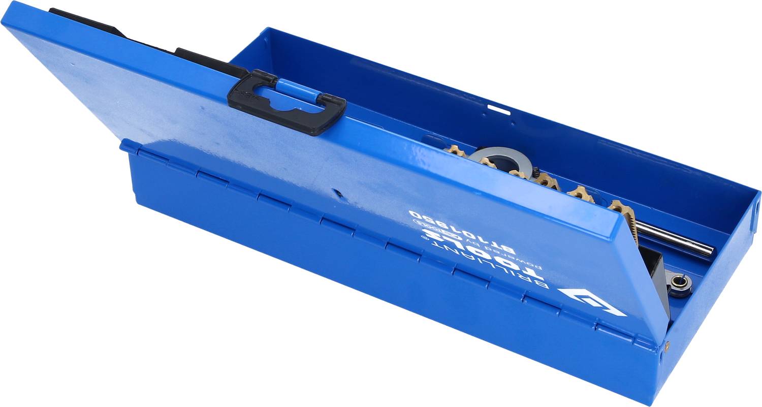 Blue metal toolbox, slightly open, various hand tools visible.