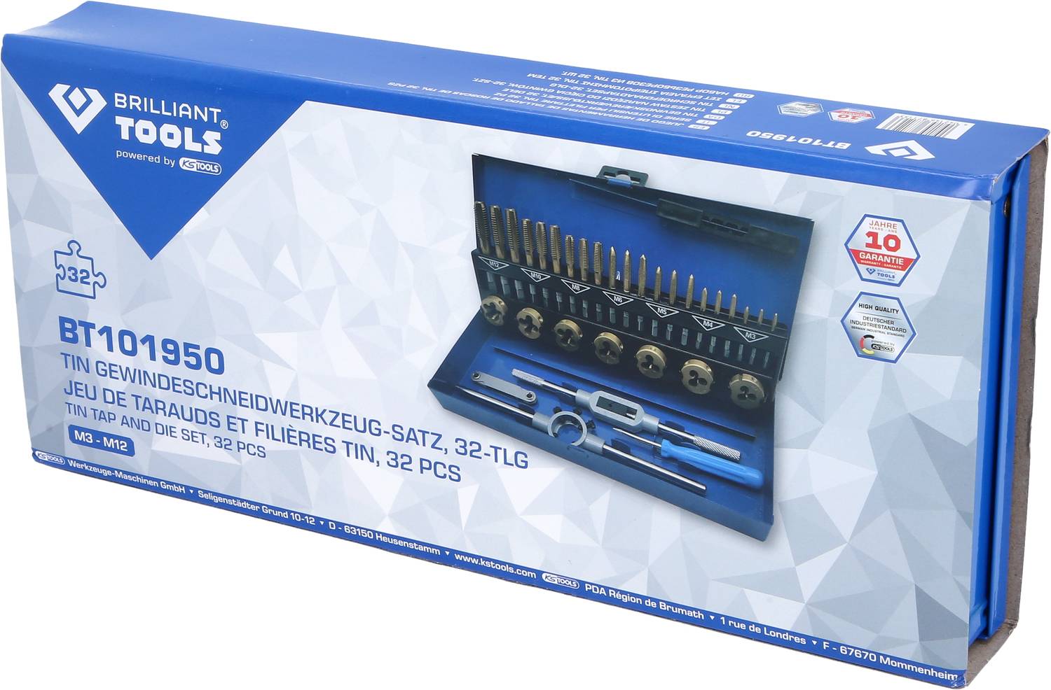 A blue packaging displays a 32-piece thread-cutting tool set in various sizes. 'Brilliant Tools' is written in the top left corner.