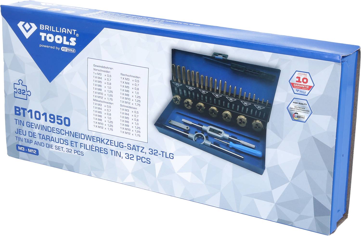 Packaging for a thread-cutting tool set, 32 pieces, with various size specifications. Contains tools for thread cutting.