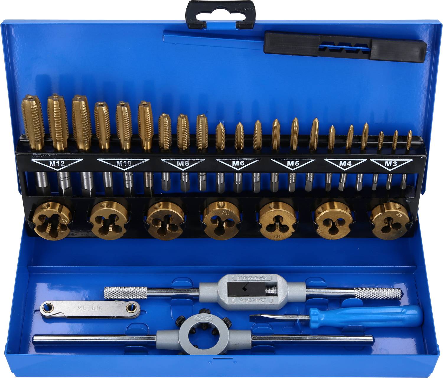 A set of taps and dies in a blue metal box, with various sizes ranging from M3 to M12, neatly arranged.