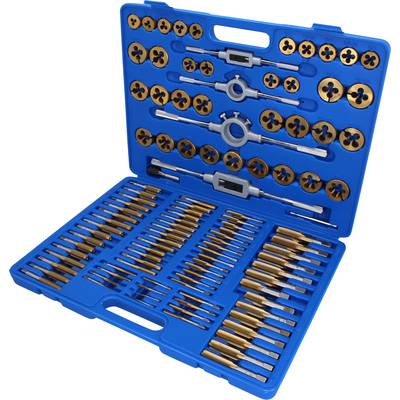 A blue set of threading tools comprising various sizes of die heads and taps, housed in a carry case.