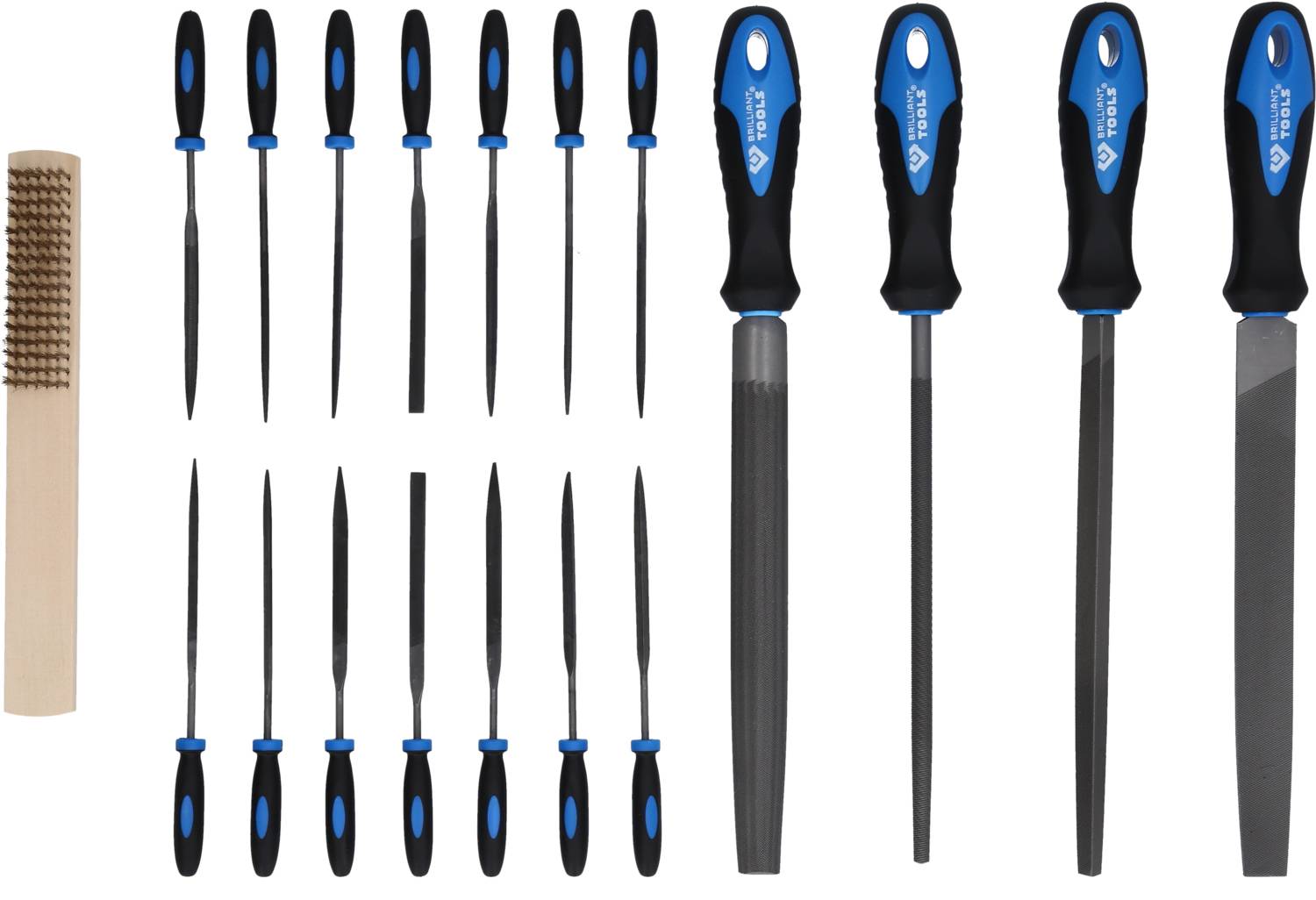 A tool set consisting of a wire brush and several files with different shapes and handles, arranged on a white background.