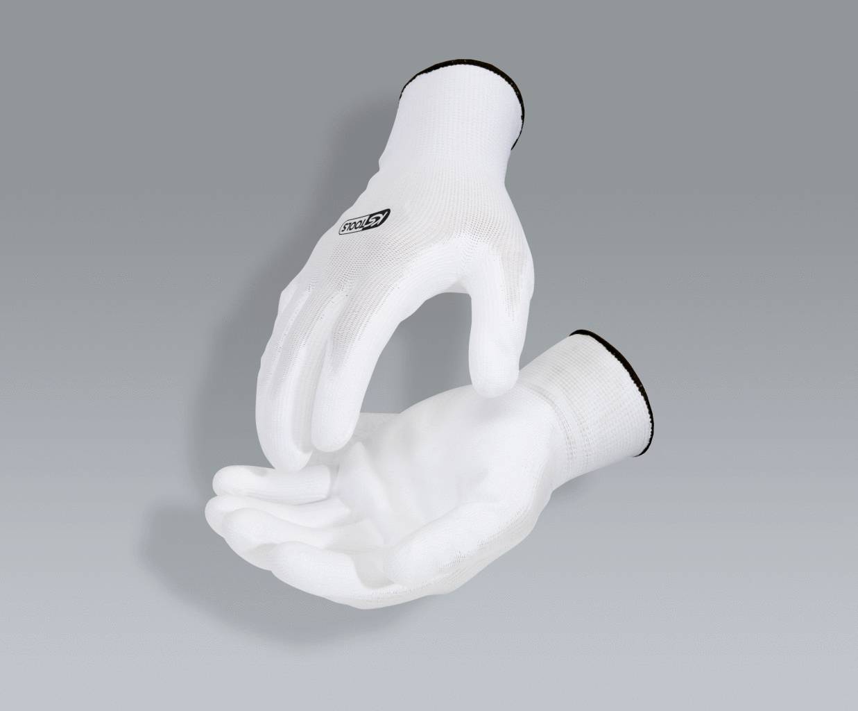 Two white gloves in a suspended position.<br><br>(Note: This is already essentially in British English, as there are no specific regional variations required for this straightforward description.)