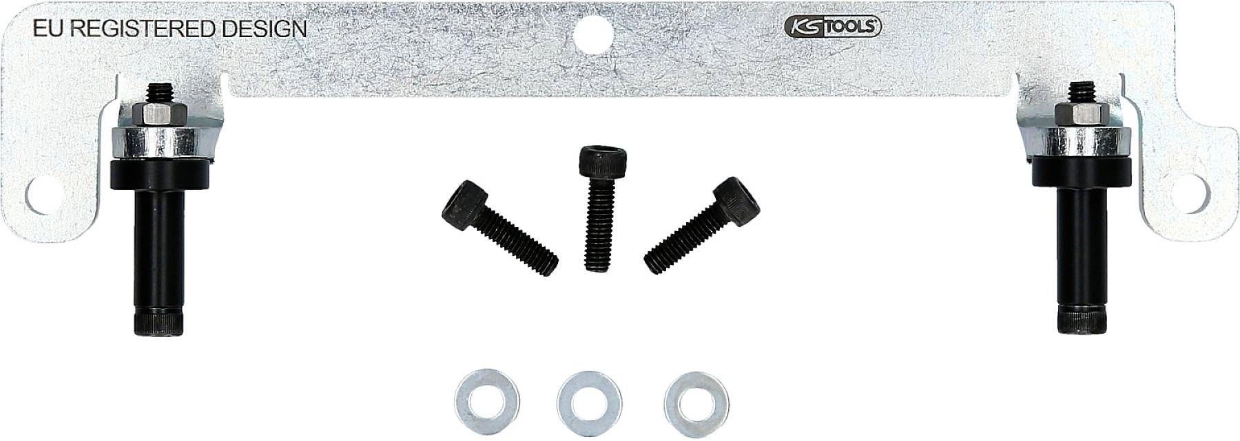 Metal plate with two black screw mountings and three screws with washers underneath. Manufacturer: KS TOOLS.