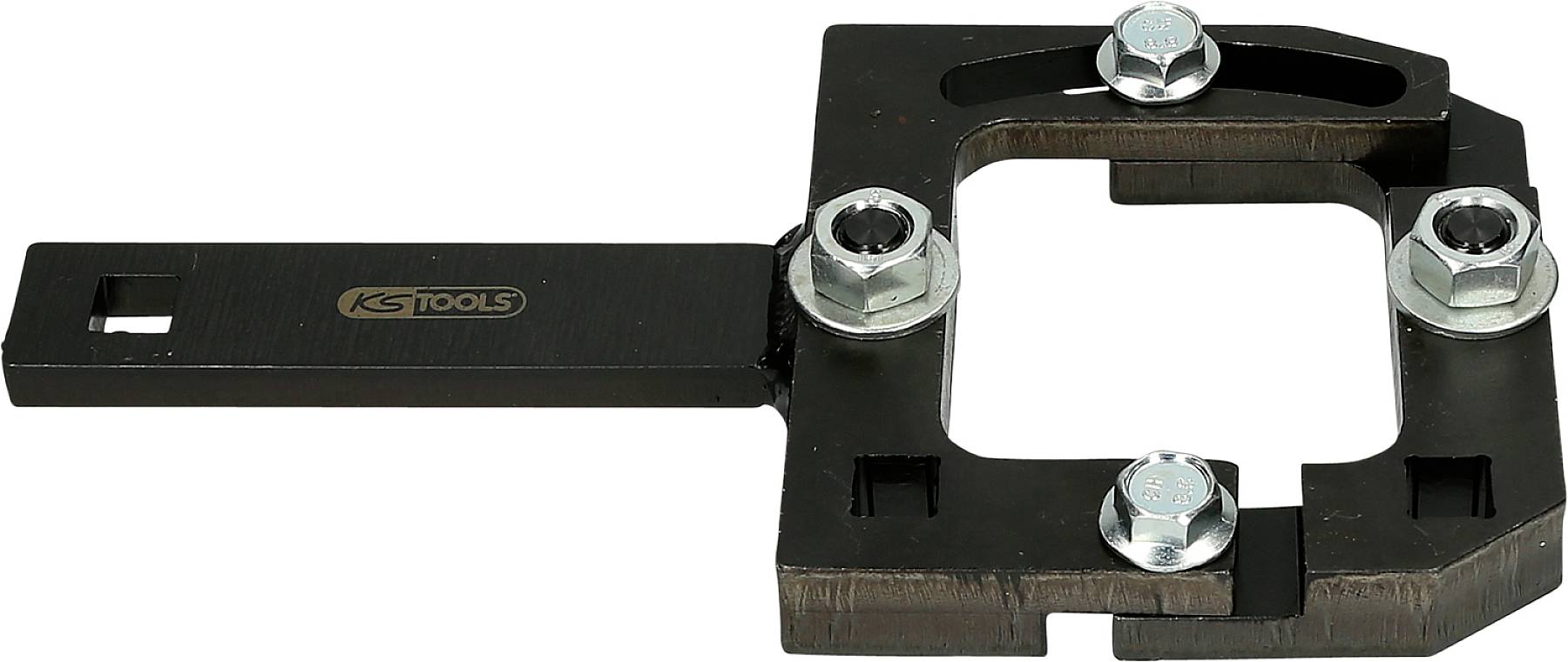 A robust metal tool with four screws for fastening. Presumably intended for mounting or adjusting components.
