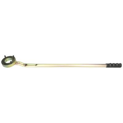 Spanner with a long handle and a circular end, suitable for tightening or loosening nuts. Knurled grip for improved handling.