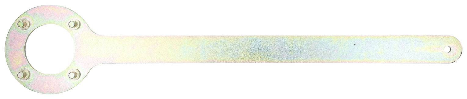 A long, flat spanner with a round head and multiple holes in the head. The background is white.