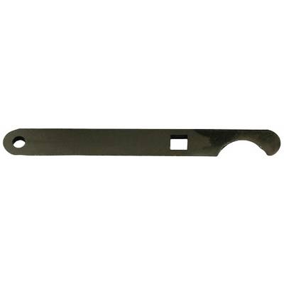 A flat, black metal bottle opener with a serrated edge for removing bottle caps.
