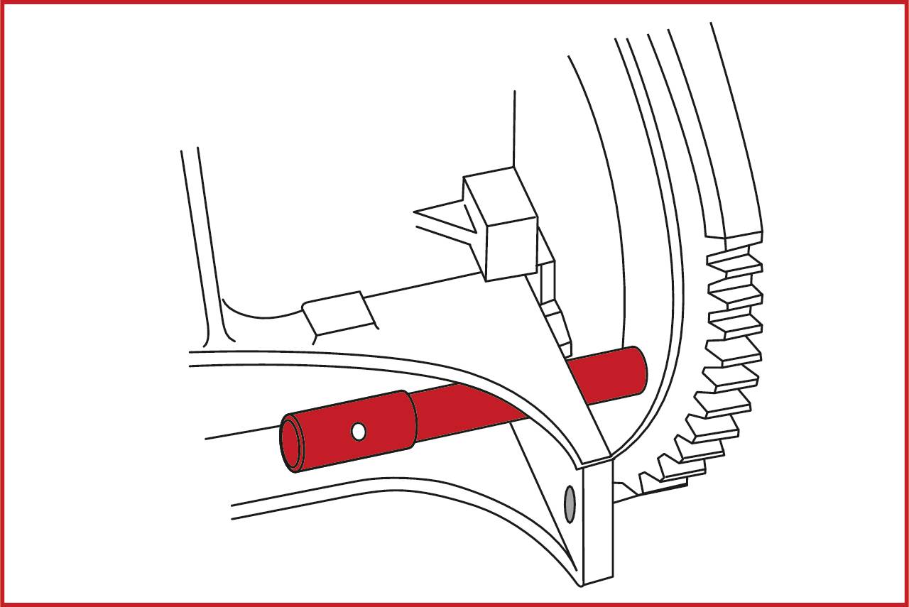 Cross-sectional view of a mechanical transmission with a highlighted red rod next to a gear wheel, revealing internal mechanism.