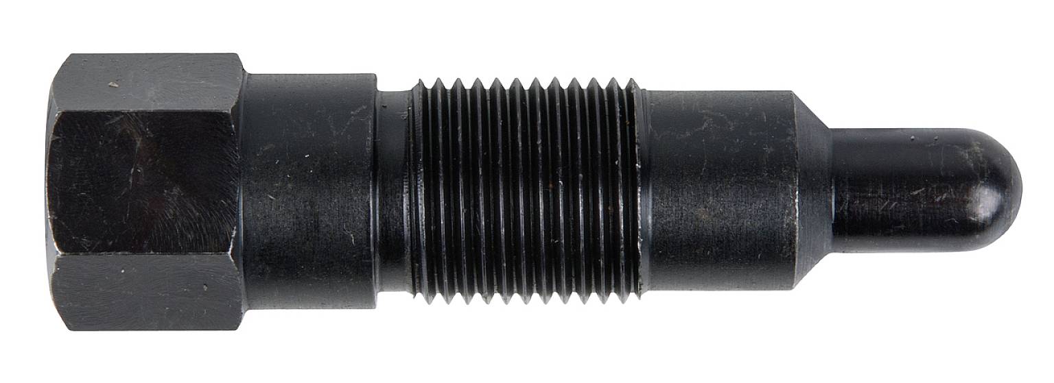 A black, cylindrical metal bolt with a threaded end and a smooth, rounded tip at the other end.