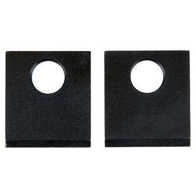 'Two rectangular, black plates, each with a round hole in the centre. The holes are the same size and symmetrically positioned.'