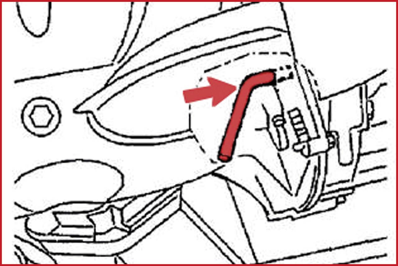 Drawing of a mechanical part with an arrow pointing to a red rod, possibly highlighting a specific component.