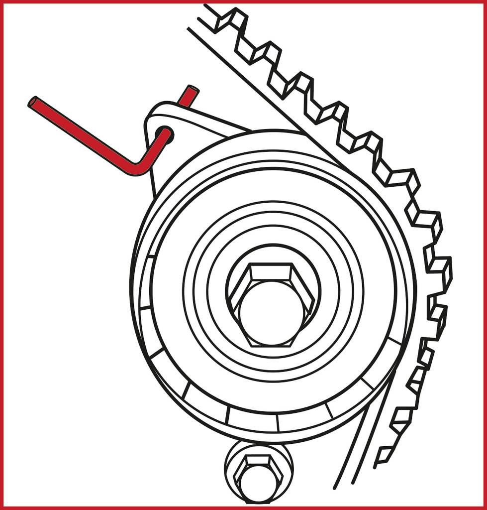 'Illustration of a motor tensioning wheel with gear and tensioning tool.'
