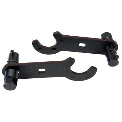 Two black tool hooks with screws and square apertures, used for adjusting or tightening mechanical components.