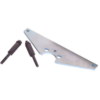 A metallic tool set comprising two black screwdrivers and a silver triangular plate with holes.