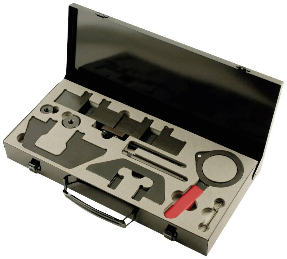 Opened toolbox with foam lining, securely storing various tools, including a magnifying glass with a red handle.