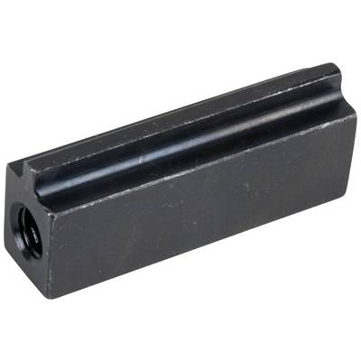 Metal adapter block with grooves, rectangular shape, black colour, frequently used for mounting purposes in technical applications.