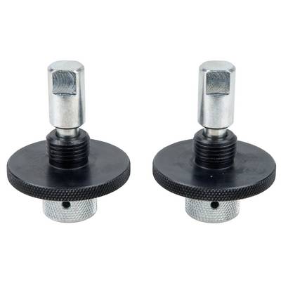 Two metal adapters with threaded ends and square profiles on a white background.