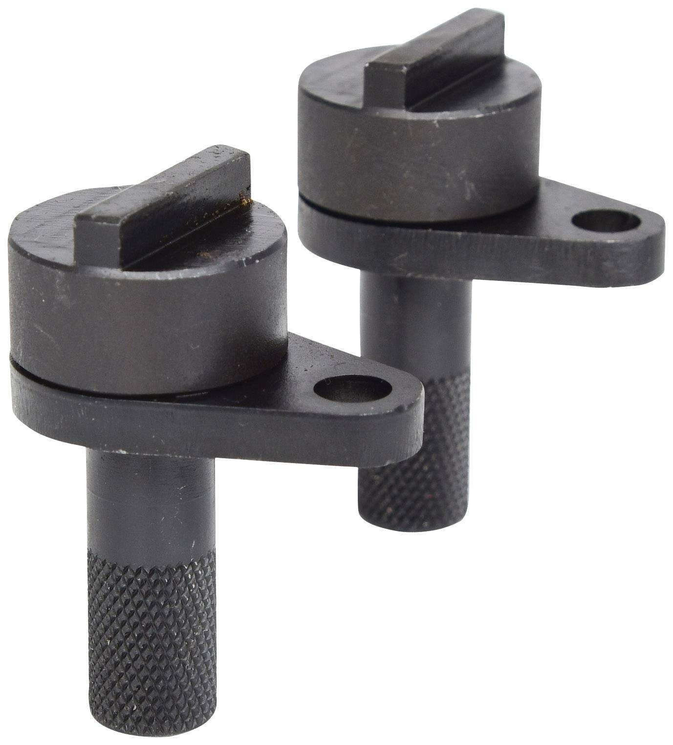 Two black metal parts with a cylindrical handle and a flat, rectangular top surface. They have side openings for attachment.